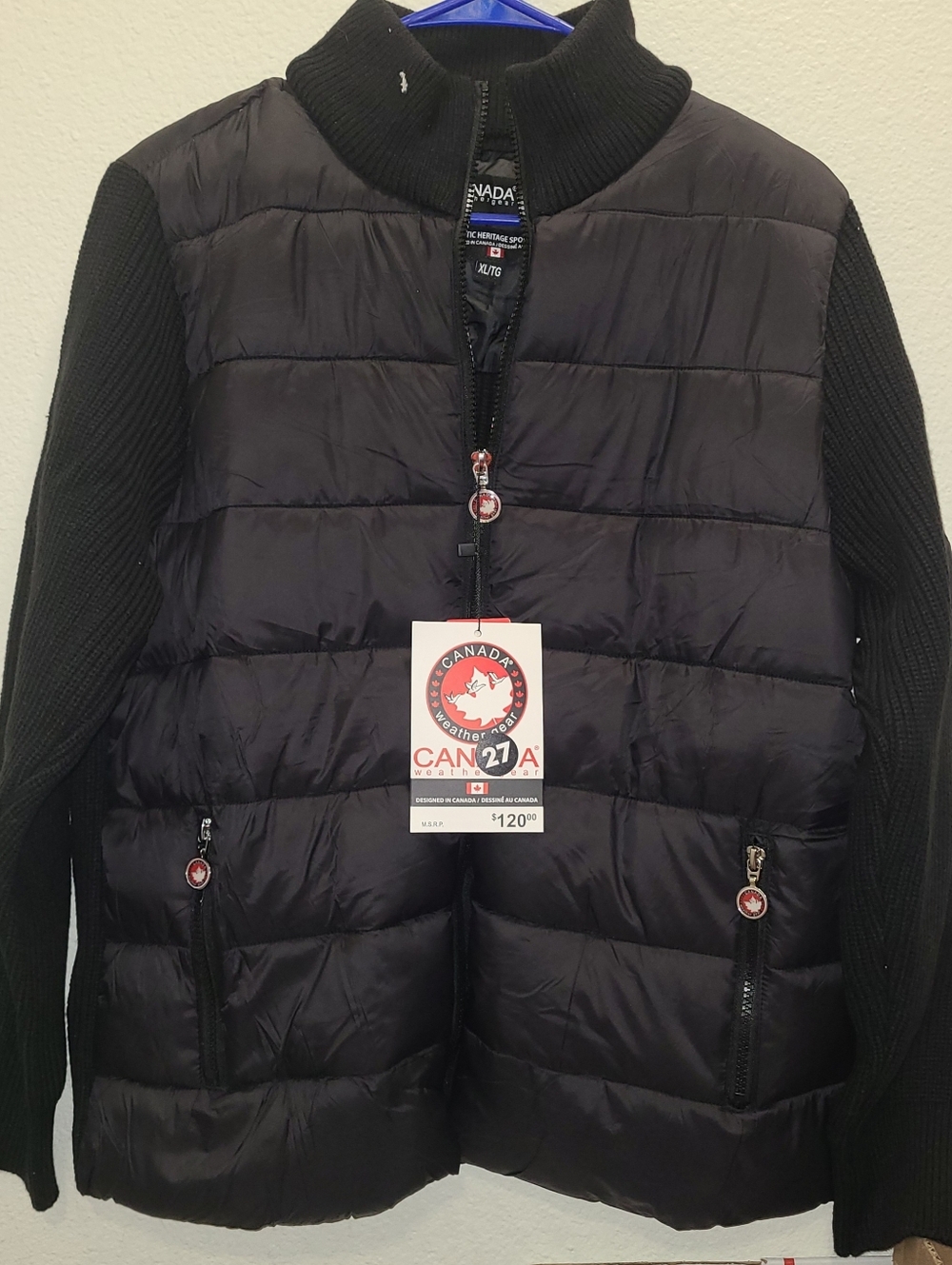 Canada 21 Black Quilted Puffer Jacket with Knit Sleeves